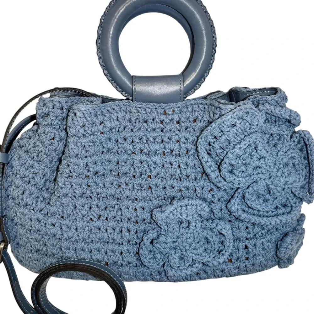 Patricia Nash Carlina Blue Floral Crochet Satchel Bag Handle Crossbody‎ NWT
